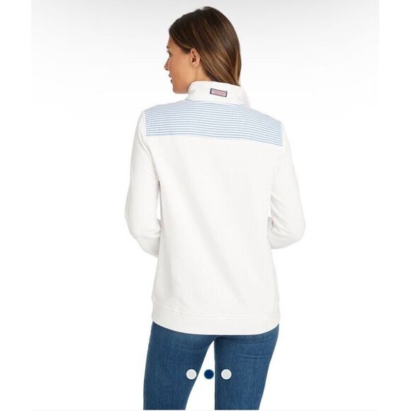 EUC! Womens Vineyard Vines White Blue Seersucker Shep 1/4 Zip Shoulder Large L - Picture 2 of 11